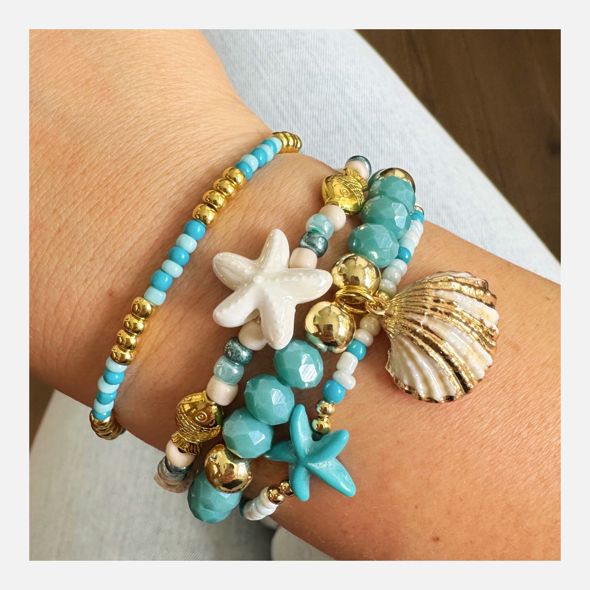 armbanden set beach blue zeester schelp 4 stuks