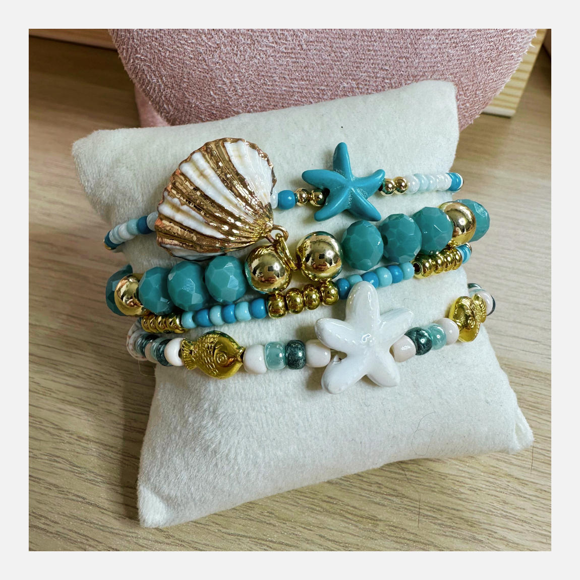 armbandenset 4st blauw goud zeester schelp